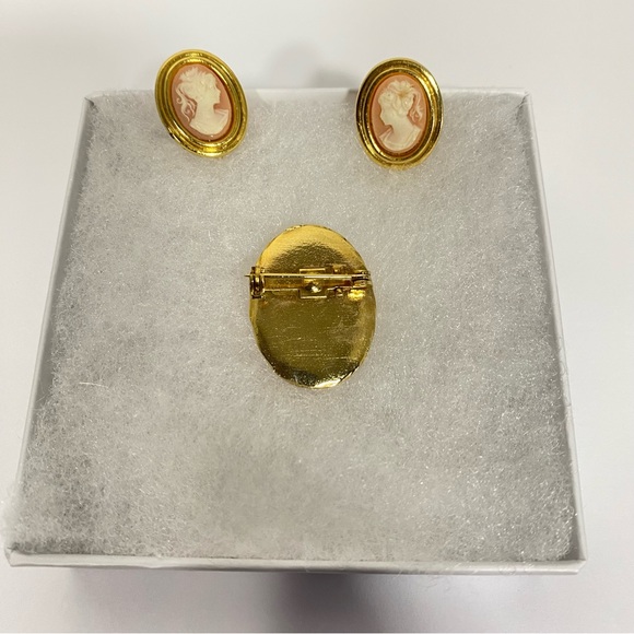 Pink Cameo on Gold Tone Clip On Earrings & Brooch Pin - Picture 4 of 5